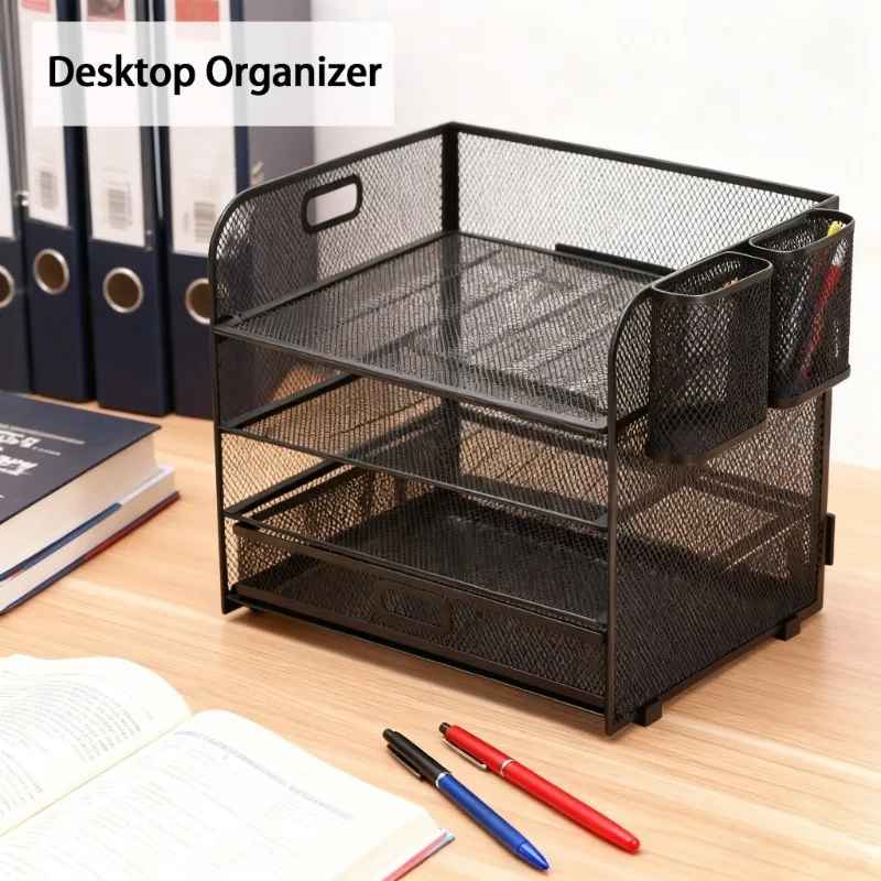 Metal Mesh Desk Organizer - Multi-Compartment Office Storage