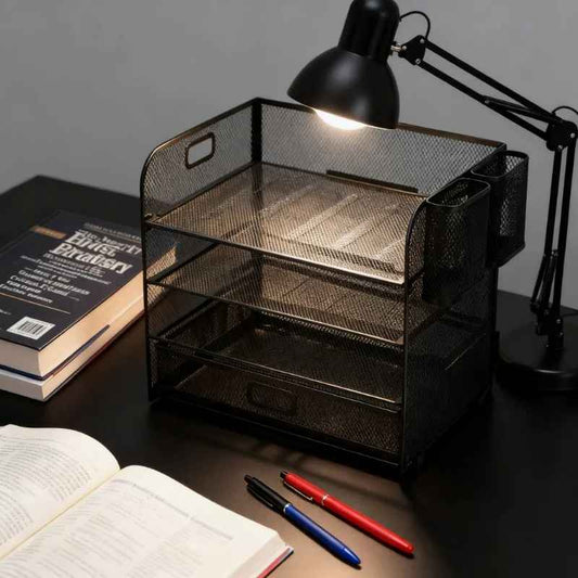 Metal Mesh Desk Organizer - Multi-Compartment Office Storage